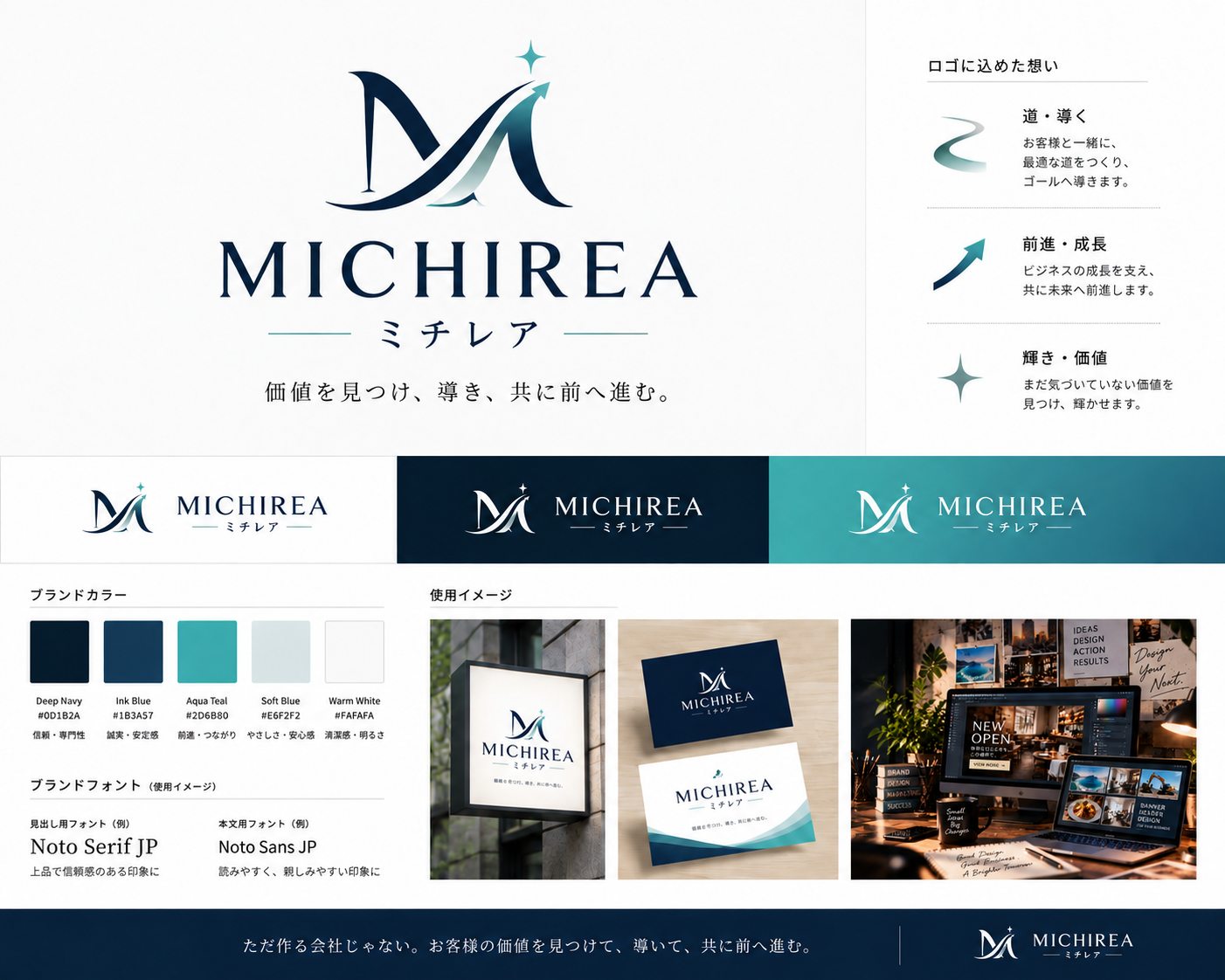 MICHIREAのブランドボード（ロゴ・ブランドカラー・フォント・使用イメージ）