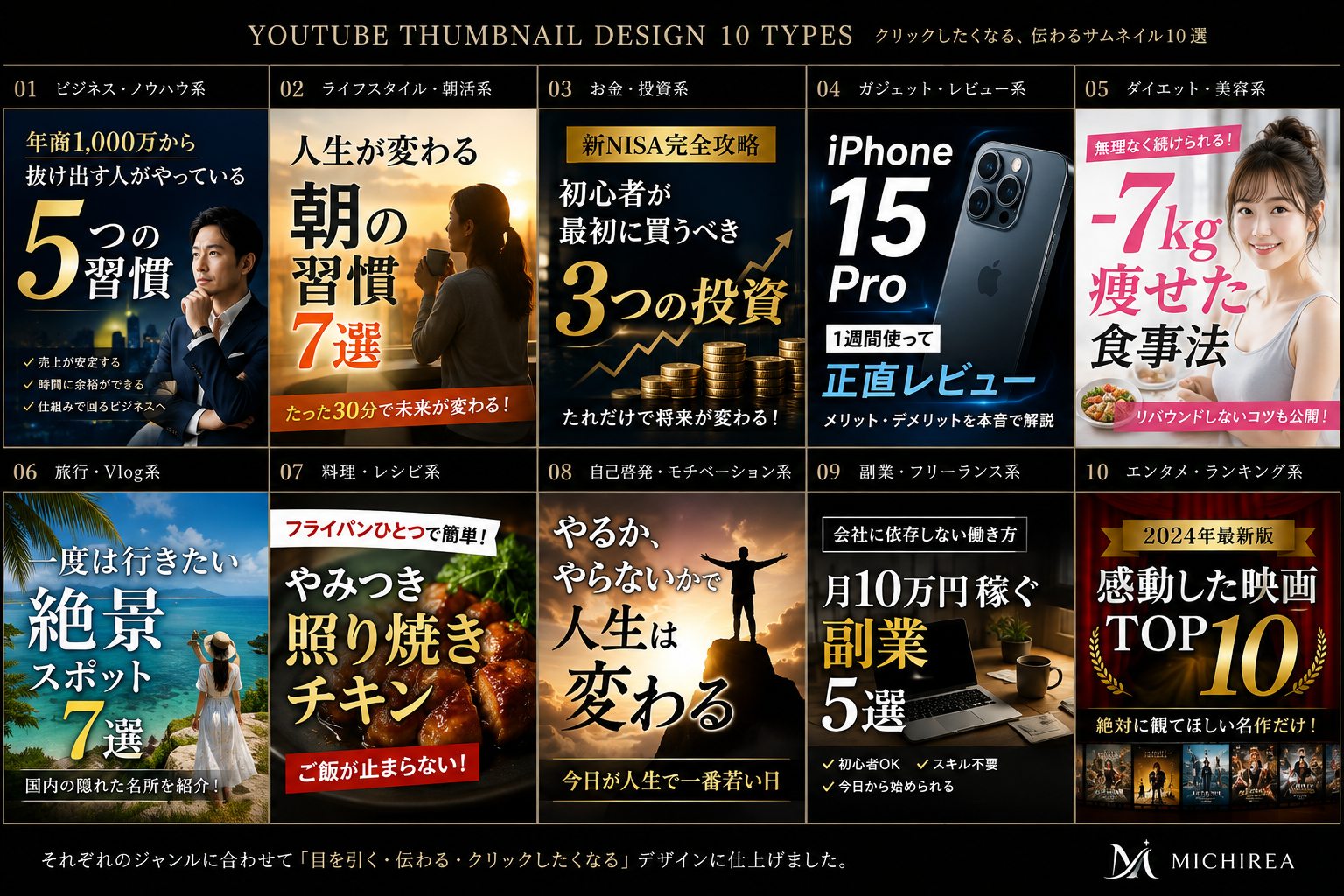 YouTubeサムネイル10ジャンルの制作サンプル